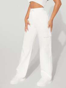 SHEIN PETITE Quần jean nữ Nút Túi Dây kéo màu trơn - trắng - Xem 4