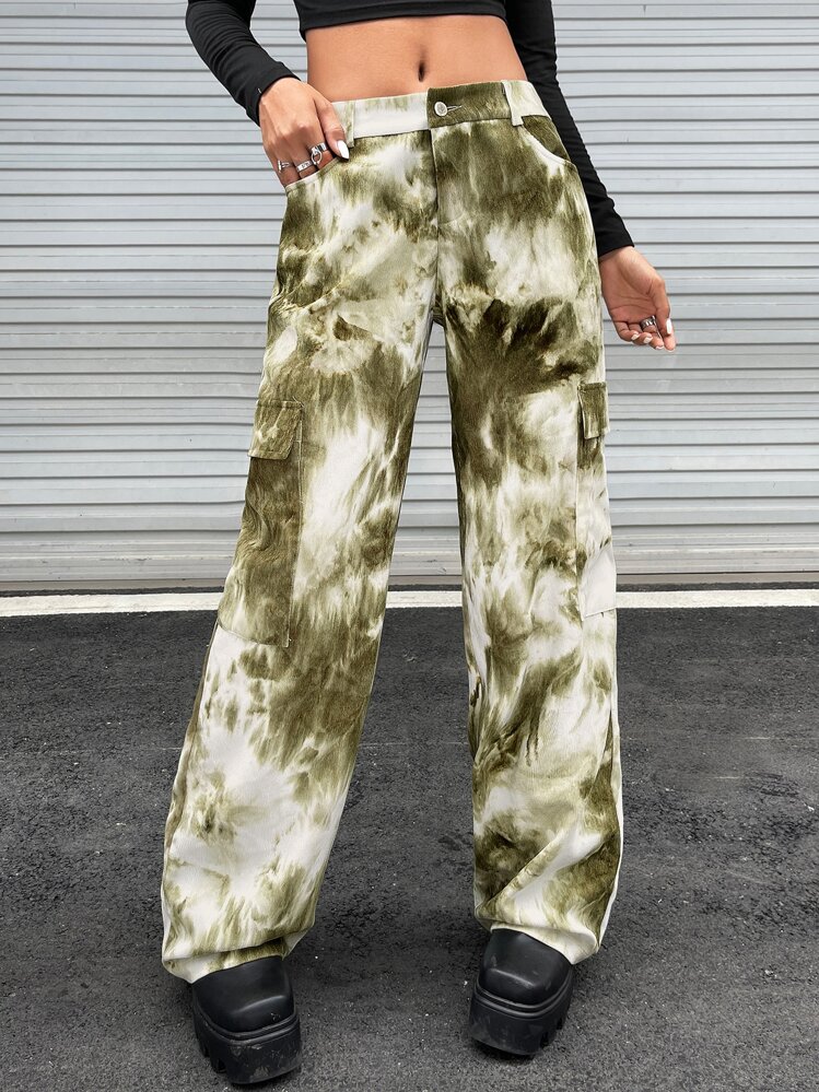 SHEIN X Calle y Poché SHEIN ICON Damskie Spodnie Guziki Kieszeń Zamek błyskawiczny Barwnik do krawata Casual - Wielokolorowe - Zobacz 1