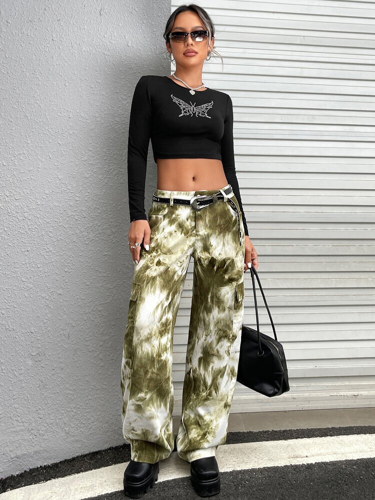 SHEIN X Calle y Poché SHEIN ICON Damskie Spodnie Guziki Kieszeń Zamek błyskawiczny Barwnik do krawata Casual - Wielokolorowe - Zobacz 9