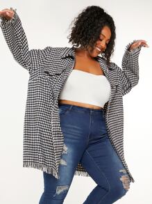 SHEIN CURVE+ Plus Houndstooth Print Raw Cut Tweed Overcoat