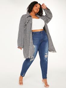 SHEIN CURVE+ Plus Houndstooth Print Raw Cut Tweed Overcoat