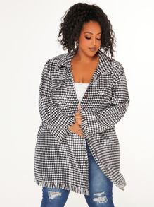SHEIN CURVE+ Plus Houndstooth Print Raw Cut Tweed Overcoat
