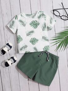 SHEIN Baby Boy Coconut Tree Print Tee & Drawstring Waist Shorts - Dark Green - View 1