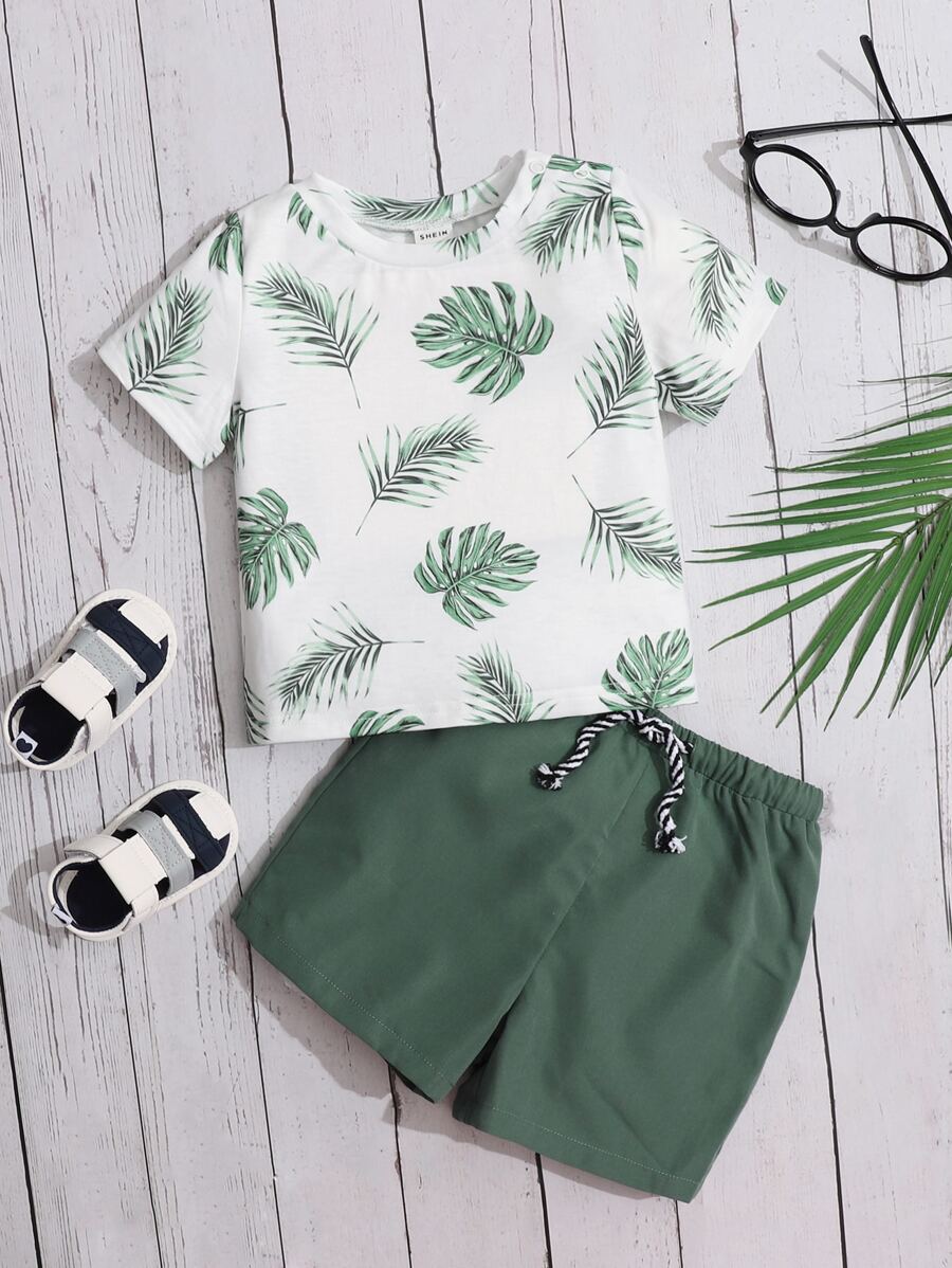 SHEIN Baby Boy Coconut Tree Print Tee & Drawstring Waist Shorts - Dark Green - View 1