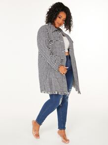 SHEIN CURVE+ Plus Houndstooth Print Raw Cut Tweed Overcoat