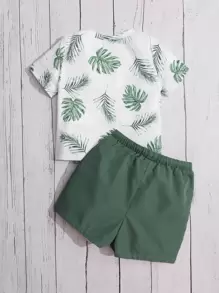 SHEIN Baby Boy Coconut Tree Print Tee & Drawstring Waist Shorts - Dark Green - View 2