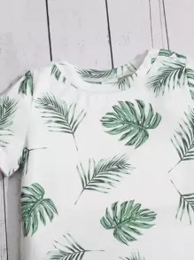 SHEIN Baby Boy Coconut Tree Print Tee & Drawstring Waist Shorts - Dark Green - View 3