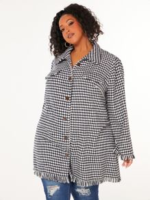 SHEIN CURVE+ Plus Houndstooth Print Raw Cut Tweed Overcoat