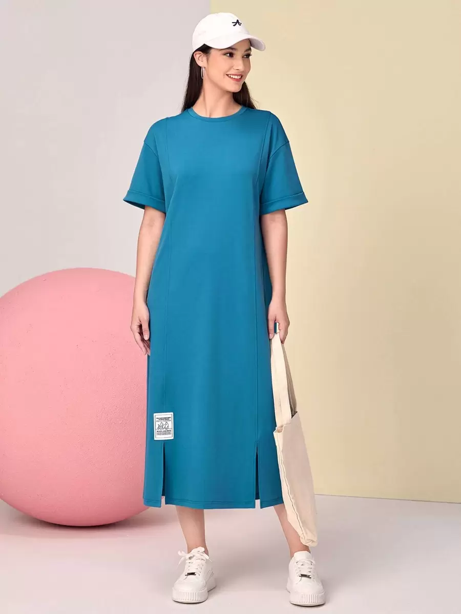 Mulvari Patched Detail Split Hem Tee Dress - Blue - View 1