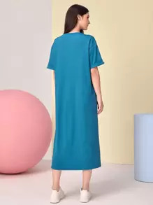 Mulvari Patched Detail Split Hem Tee Dress - Blue - View 2