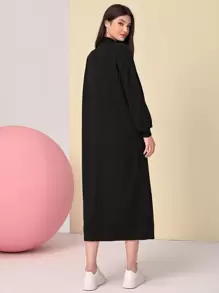 Mulvari Mock Neck Lantern Sleeve Colourblock Dress - Black - View 2