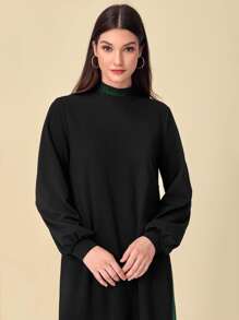 Mulvari Mock Neck Lantern Sleeve Colourblock Dress - Black - View 3