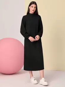 Mulvari Mock Neck Lantern Sleeve Colourblock Dress - Black - View 4