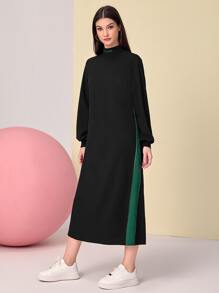 Mulvari Mock Neck Lantern Sleeve Colourblock Dress - Black - View 5