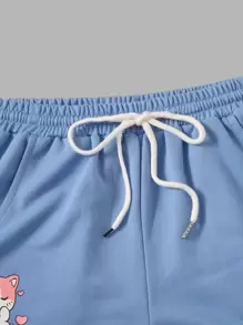 ROMWE Kawaii Cartoon Graphic Contrast Binding Shorts - Blue - View 3