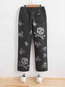 SHEIN Boys Skull Pattern Straight Leg Jeans - Black - View 2