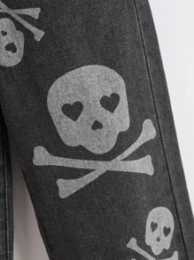 SHEIN Boys Skull Pattern Straight Leg Jeans - Black - View 3