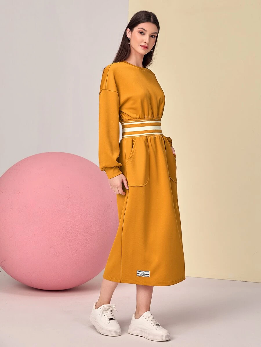 Mulvari Drop Shoulder Patched Detail Dress - Mustard Yellow - View 1