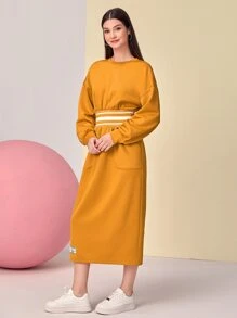Mulvari Drop Shoulder Patched Detail Dress - Mustard Yellow - View 4