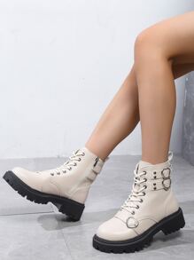 ROMWE Kawaii Heart Buckle Decor Zip Side Lace-up Front Combat Boots - Beige - View 2