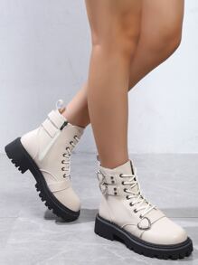 ROMWE Kawaii Heart Buckle Decor Zip Side Lace-up Front Combat Boots - Beige - View 3