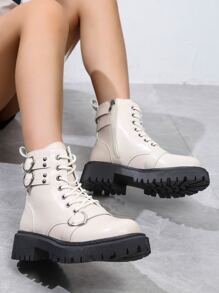 ROMWE Kawaii Heart Buckle Decor Zip Side Lace-up Front Combat Boots - Beige - View 4