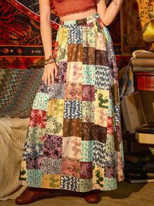 ROMWE Hippie 高腰色塊拼接圖案半身裙 - 彩色 - 查看 6