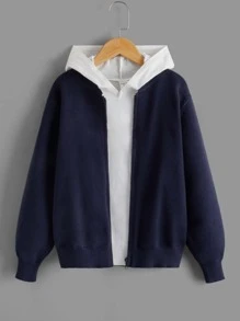 SHEIN Boys Zipper Baseball Collar Cardigan - Navy Blue - View 1
