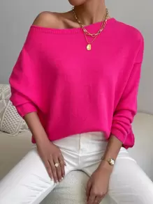 SHEIN Privé Jersey de hombros caídos de cuello barco - Rosa Fucsia - Ver 1