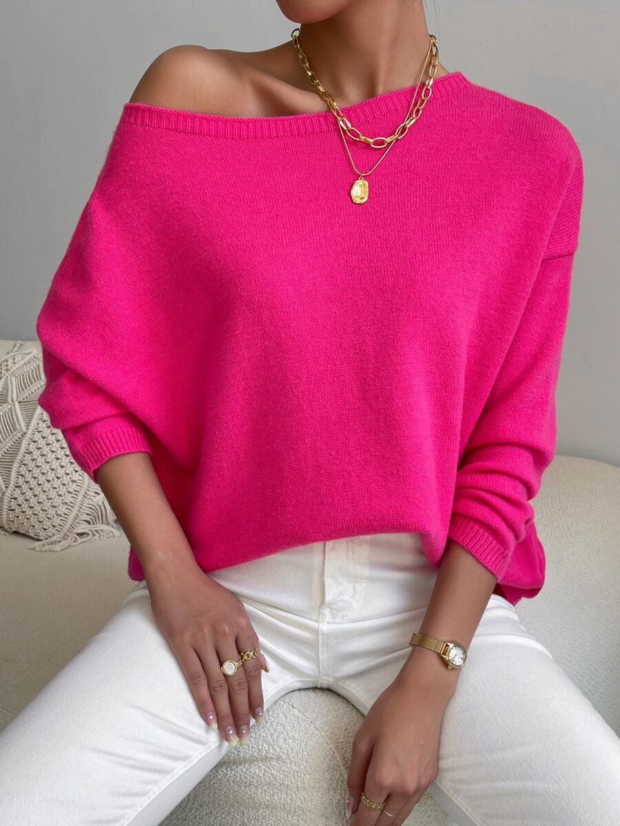 SHEIN Privé Jersey de hombros caídos de cuello barco - Rosa Fucsia - Ver 1