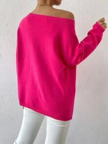 SHEIN Privé Jersey de hombros caídos de cuello barco - Rosa Fucsia - Ver 2