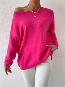 SHEIN Privé Jersey de hombros caídos de cuello barco - Rosa Fucsia - Ver 3