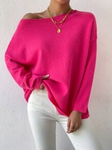 SHEIN Privé Jersey de hombros caídos de cuello barco - Rosa Fucsia - Ver 5
