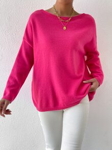 SHEIN Privé Jersey de hombros caídos de cuello barco - Rosa Fucsia - Ver 6