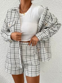 Plaid Flap Detail Overcoat & Shorts - White - View 3