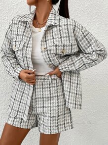 Plaid Flap Detail Overcoat & Shorts - White - View 5