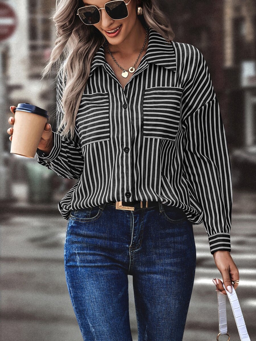 SHEIN LUNE Striped Print Drop Shoulder Shirt - Black and White - View 1