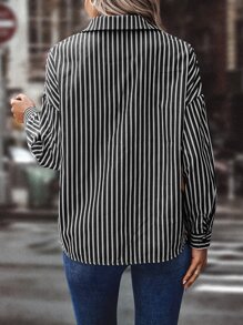 SHEIN LUNE Striped Print Drop Shoulder Shirt - Black and White - View 2
