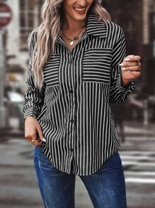 SHEIN LUNE Striped Print Drop Shoulder Shirt - Black and White - View 3