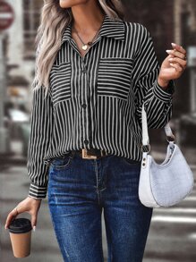 SHEIN LUNE Striped Print Drop Shoulder Shirt - Black and White - View 4