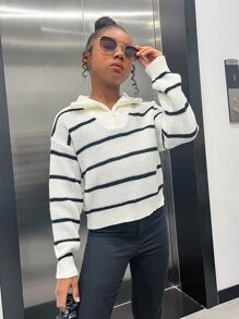 SHEIN Girls Stripe Pattern Quarter Zipper Drop Shoulder Jumper - White - View 1