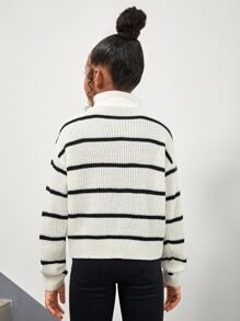 SHEIN Girls Stripe Pattern Quarter Zipper Drop Shoulder Jumper - White - View 2