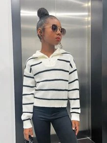 SHEIN Girls Stripe Pattern Quarter Zipper Drop Shoulder Jumper - White - View 5