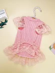 1pc Knitted Twisted Sweater Dress With Lace Butterfly Sleeve Suitable For Cats And Dogs In Autumn And Winter - Pink - View 4