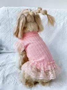 1pc Knitted Twisted Sweater Dress With Lace Butterfly Sleeve Suitable For Cats And Dogs In Autumn And Winter - Pink - View 3