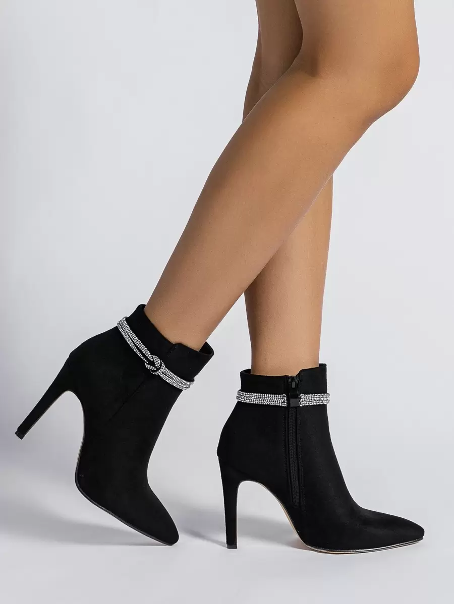 Elegant Jeweled & Bow Decorated Side Zipper Thin High Heel Suede Classic Boots