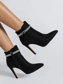 Elegant Jeweled & Bow Decorated Side Zipper Thin High Heel Suede Classic Boots