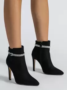 Elegant Jeweled & Bow Decorated Side Zipper Thin High Heel Suede Classic Boots