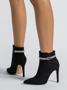 Elegant Jeweled & Bow Decorated Side Zipper Thin High Heel Suede Classic Boots