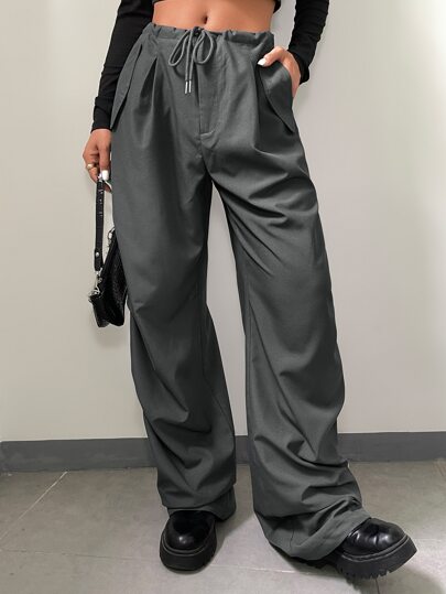 Coolane Solid Drawstring Waist Parachute Pants